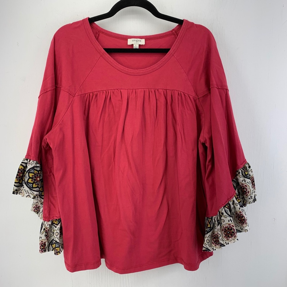Umgee Womens Large Boho Bell Sleeve Ruffle Top Paisley Peasant Gypsy Ethnic